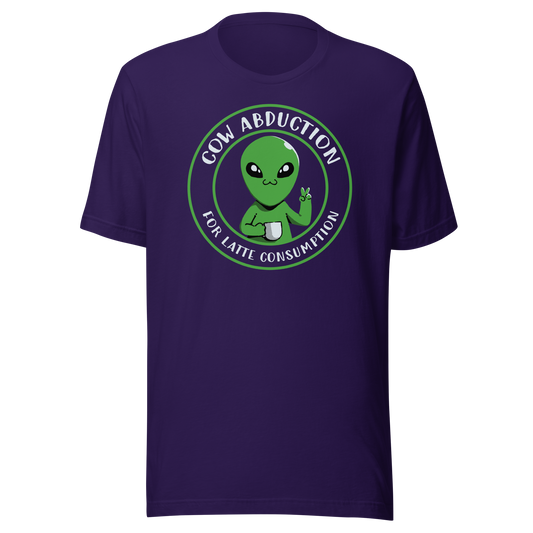A cute alien holding a cup of coffee, paired with the phrase ‘Cow Abduction For Latte Consumption’. A playful and humorous design that mixes sci-fi vibes with coffee obsession. Perfect for coffee lovers, alien enthusiasts, and anyone who enjoys quirky, funny art with a cosmic twist.