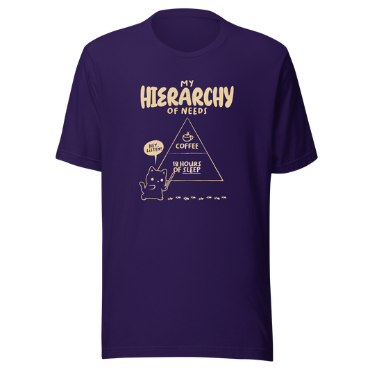 A playful illustration of a cat holding a pointer and presenting its own hierarchy of needs on a triangle chart, with coffee at the very top and 18 hours of sleep right below. A humorous piece for cat lovers who know exactly what really matters.