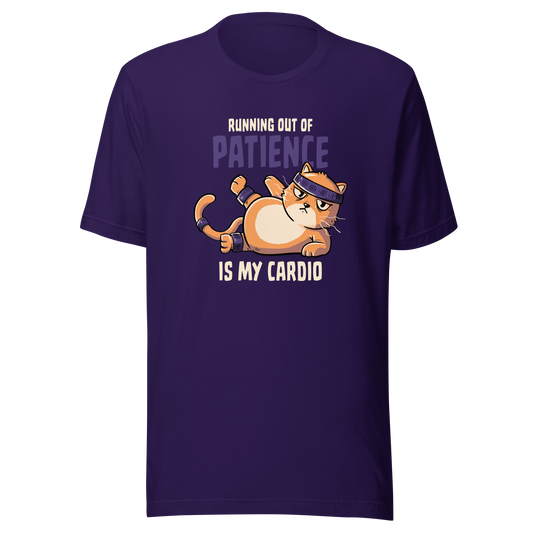 An orange kitten in gym clothes mid-aerobics, serving effort… and attitude. Paired with the phrase "Running Out Of Patience Is My Cardio", this funny cat design is perfect for anyone who considers sarcasm their main workout. A playful, relatable illustration for cat lovers, gym avoiders, and fans of witty humor.
