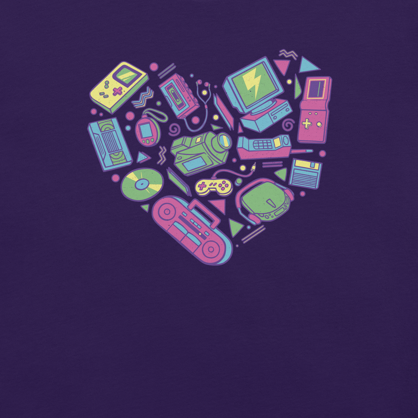 A heart made of iconic 90s electronics like computers, Walkmans, telephones, video game consoles, and Discmen, all in vibrant neon colours. A bold, nostalgic artwork perfect for anyone who loves retro tech and 90s vibes.