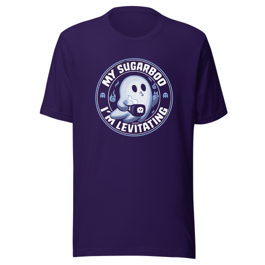 A cute stamp-style ghost holding a coffee and flashing a peace sign, surrounded by the phrase ‘My Sugarboo I’m Levitating’. Sweet, spooky and playful, perfect for Halloween lovers and fans of cute, romantic designs.