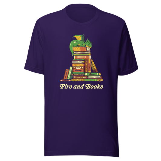 A dragon sleeps peacefully atop a stack of magic, RPG and mythology books with the phrase “Fire and Books” below. Blending fantasy and a love of reading, this design is perfect for RPG fans, fantasy readers and anyone who keeps their inner fire alive through stories.