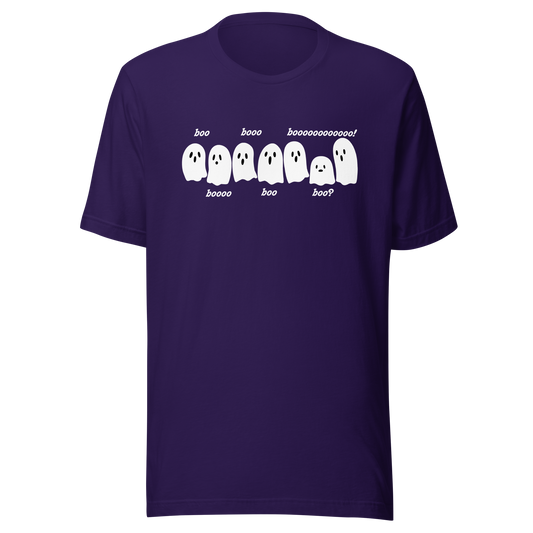 Six adorable little ghosts lined up with playful 'boos' floating beside them, as if they’re giving tiny scares. A cute and light-hearted design that captures the fun side of Halloween, perfect for anyone who loves spooky things with a sweet twist.
