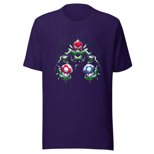 A fierce green fantasy creature with a red crest holds two colorful mushroom-like objects against a digital backdrop. Bold comic-style artwork, vivid contrasts, and a playful retro-gaming aesthetic create a powerful and energetic design.