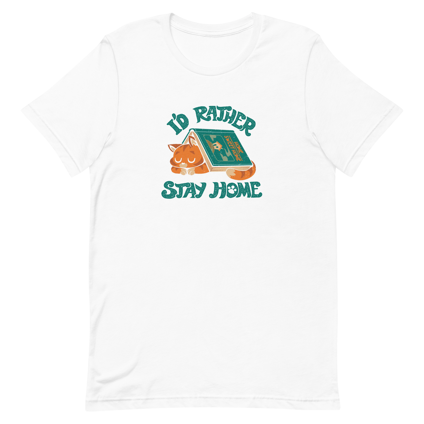 Sleeping orange cat under a book labeled 'Home Sweet Home' with the motto 'I'D RATHER STAY HOME'.