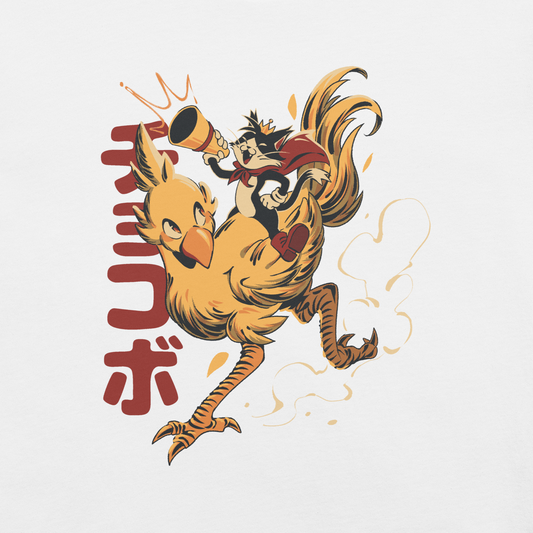 A stylized cartoon illustration of a confident cat wearing a cape and crown while riding a large yellow bird at full speed, with dynamic motion lines and Japanese writing in the background.