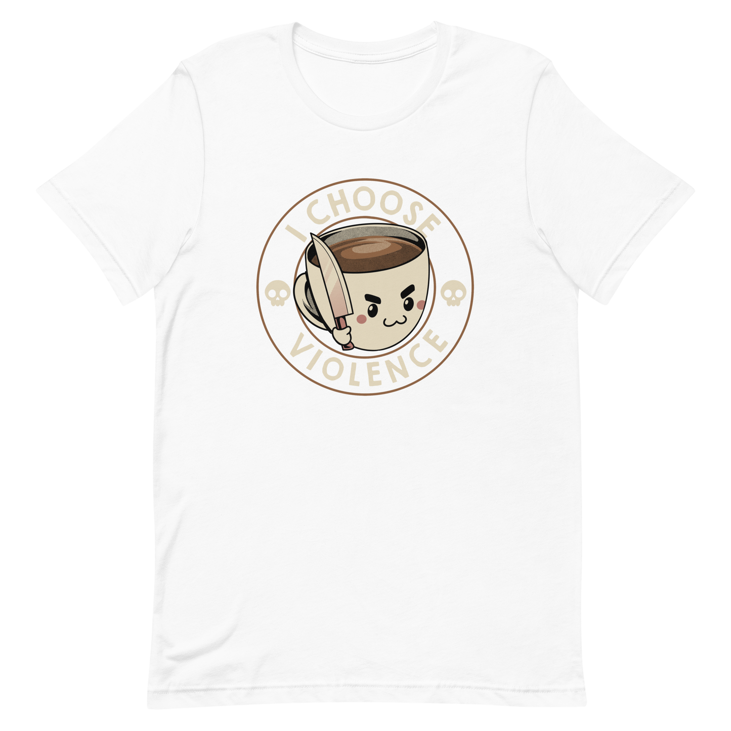 This image features a cute, cartoonish white coffee cup filled with coffee, with a determined facial expression, holding a sharp knife. The cup is framed by the circular text 'I CHOOSE VIOLENCE' in bold letters. On either side of the cup, there are small, white skull icons, adding a humorous yet dark twist to the design.