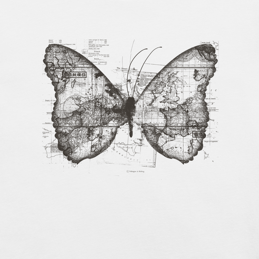The image features a black and white butterfly where the wings are created using ancient world map designs. The maps overlay in intricate detail, blending geographical elements with the organic shape of the butterfly. Surrounding the butterfly are faint outlines of text and additional geographic features, creating a vintage and exploratory vibe.