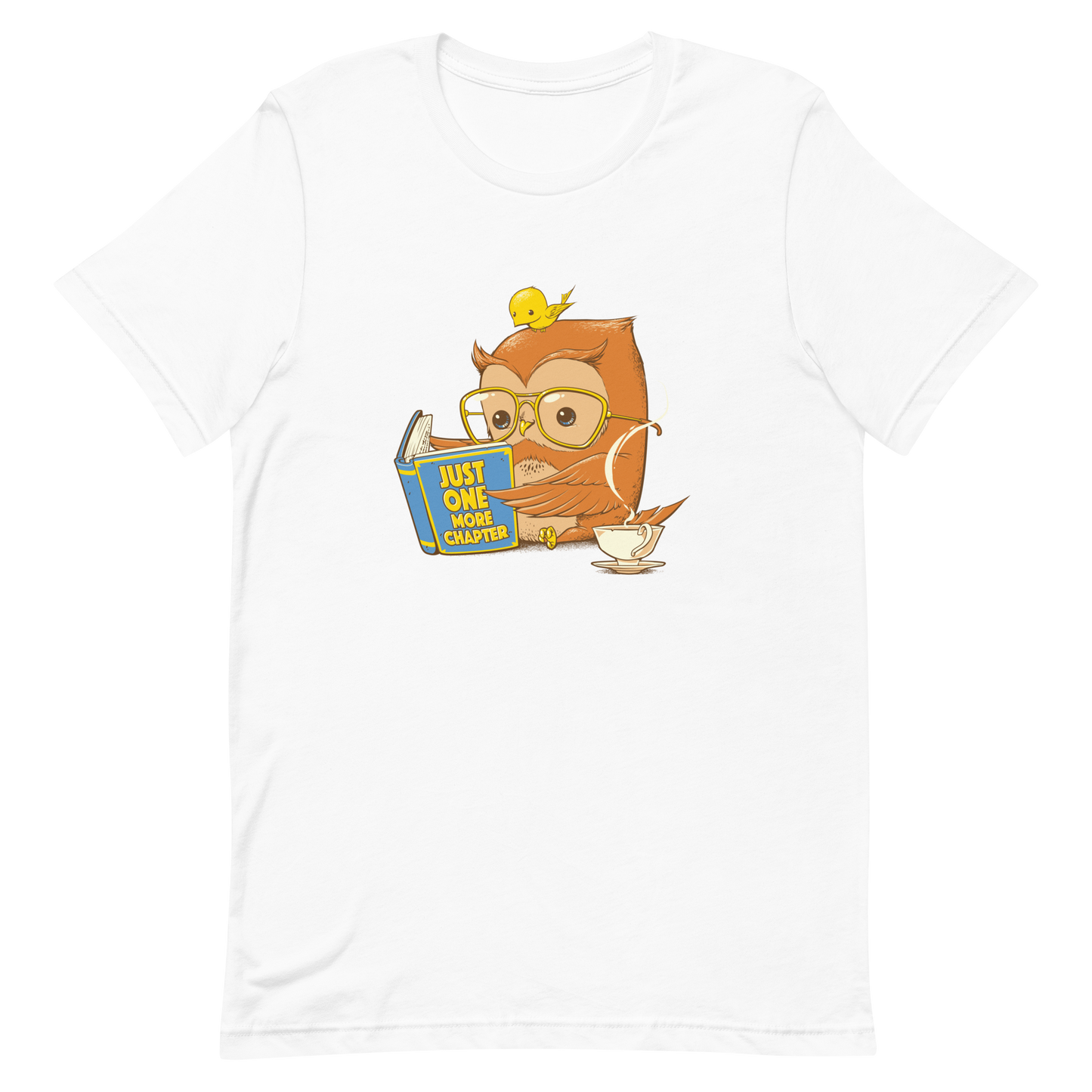 A little brown owl wearing glasses reading a book while drinking a cup of coffee, a little yellow bird on his head. The book is entitled "Just One More Chapter", perfect for those who love to read.