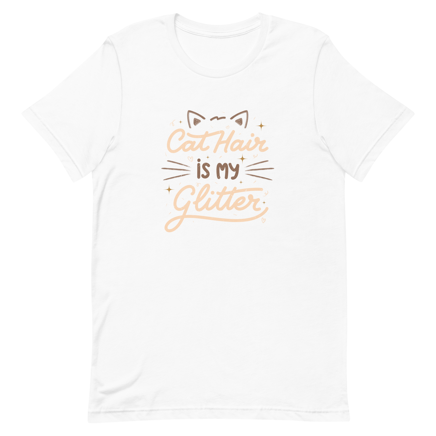 This artwork features fun lettering with the phrase "Cat Hair is My Glitter," accompanied by cat ears, hearts, and gold glitter. It humorously celebrates the lives of those who live with cats and have grown accustomed to having fur everywhere. Ideal for feline lovers who wear their furry coats as if they were real glitter.