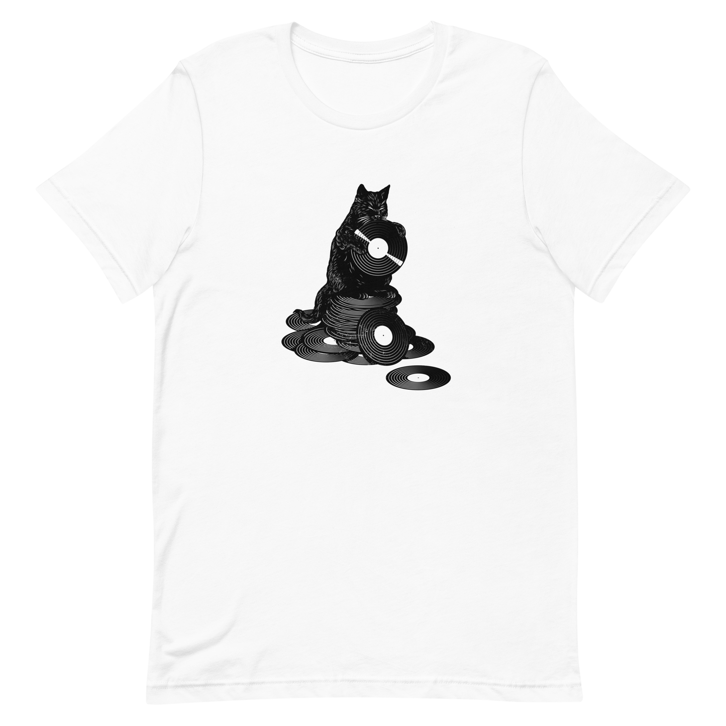 This design features a black cat cozily perched atop a stack of vinyl records, clutching one like it’s pure gold. It’s a tribute to analog lovers, feline charm, and the timeless joy of spinning a record. Perfect for music collectors, cat enthusiasts, and anyone with a nostalgic soul.