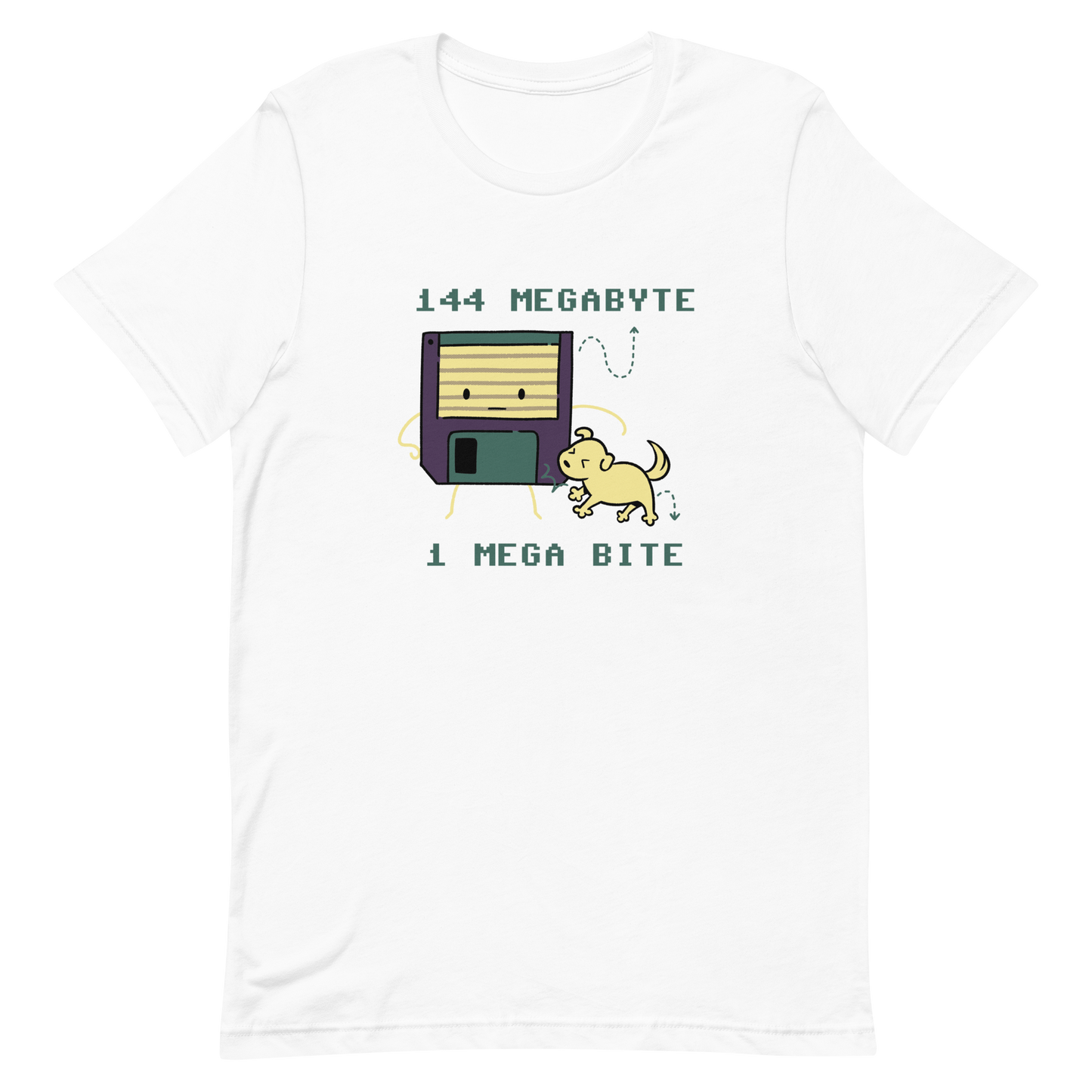 A cute floppy disk stands nervously while a little dog playfully bites its corner, with the text “144 Megabyte / 1 Mega Bite”. This clever pun mixes retro tech nostalgia with a dose of adorable chaos. Perfect for geeks, gamers and anyone who loves a good tech joke.