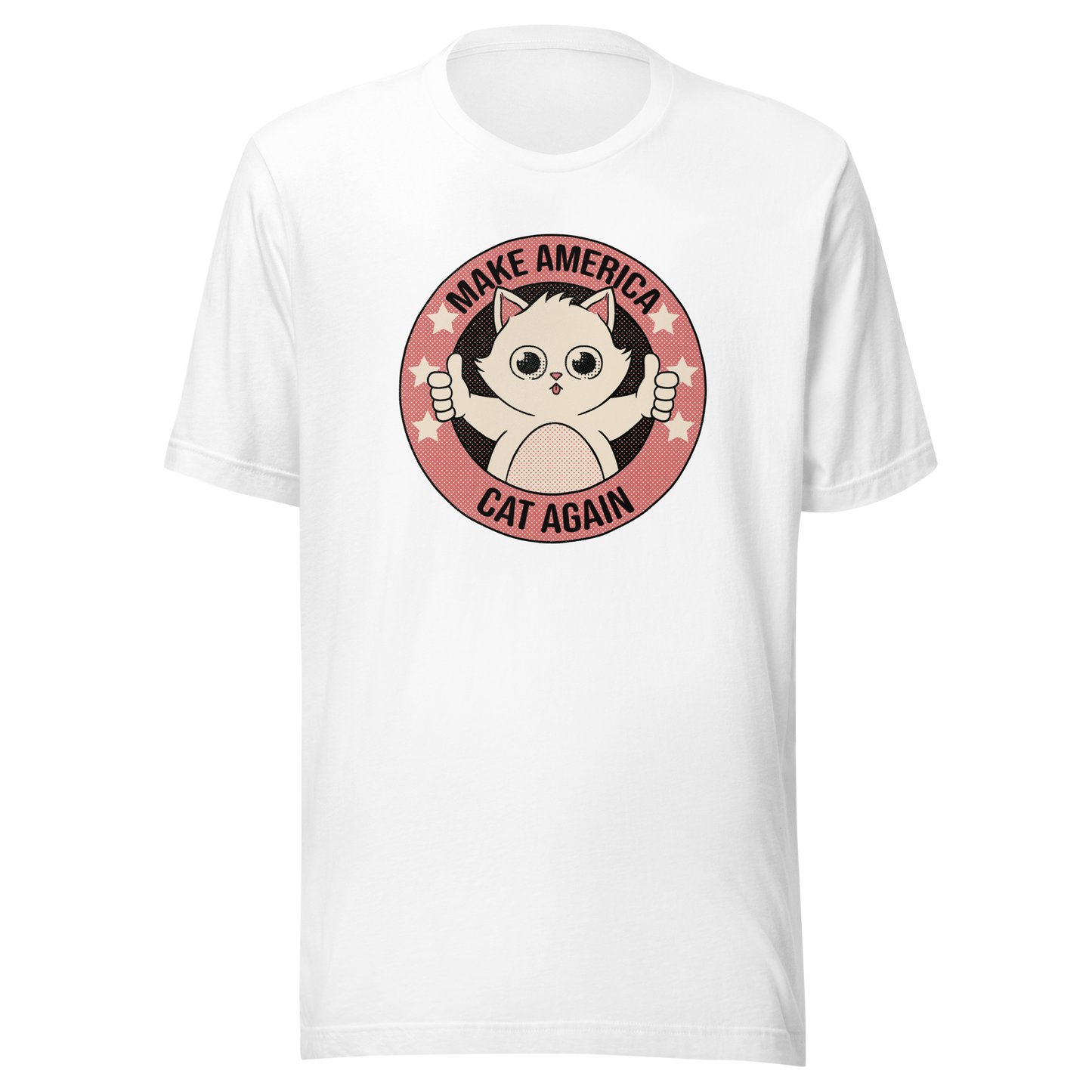 A stamp-style illustration of a cute kitten giving a two-finger thumbs-up, paired with the humorous phrase “Make America Cat Again”. A fun, ironic design for cat lovers and fans of playful pop culture art.