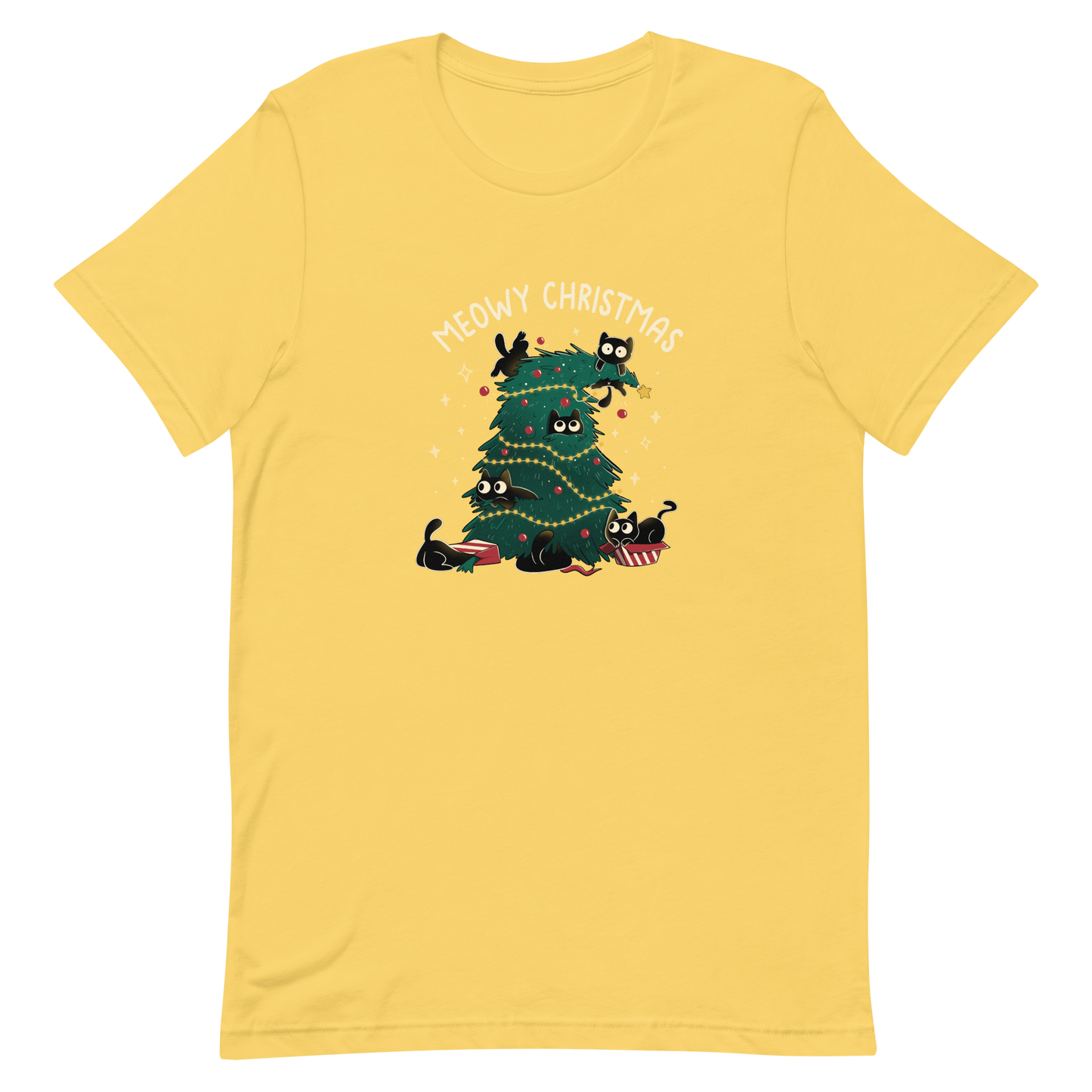 A Christmas tree full of black kittens hanging from it as if they were playing with it, an art that plays on how cats love Christmas trees. A perfect gift for anyone who loves Christmas and cats.