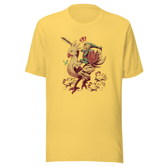 A playful fantasy illustration of a brave young hero riding a giant golden bird while holding a sword and shield.