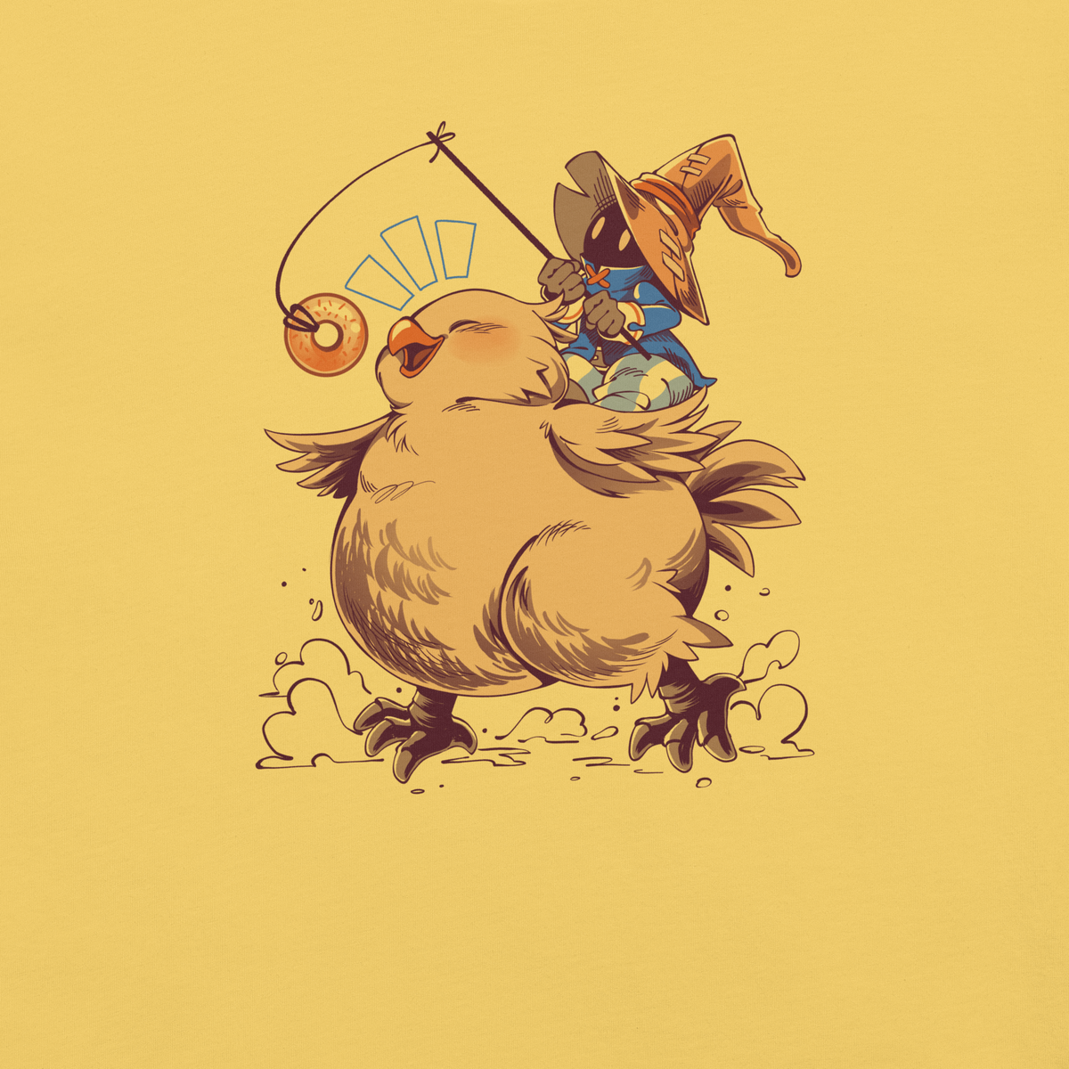 A tiny wizard rides a chunky yellow bird while chasing a dangling donut, mixing cute fantasy chaos, retro RPG charm, and playful adventure in a fun whimsical design.