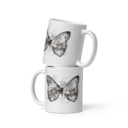 The image features a black and white butterfly where the wings are created using ancient world map designs. The maps overlay in intricate detail, blending geographical elements with the organic shape of the butterfly. Surrounding the butterfly are faint outlines of text and additional geographic features, creating a vintage and exploratory vibe.