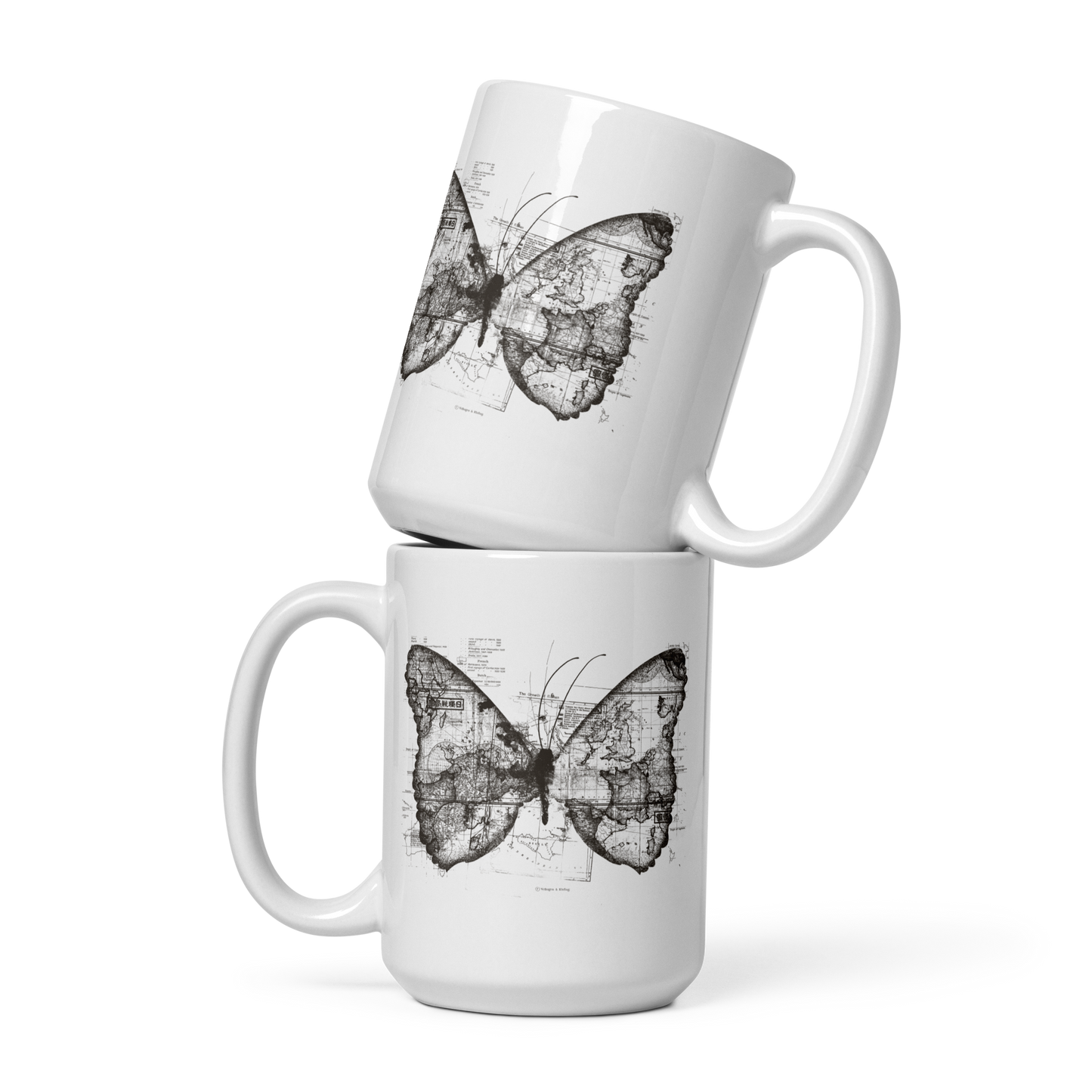 The image features a black and white butterfly where the wings are created using ancient world map designs. The maps overlay in intricate detail, blending geographical elements with the organic shape of the butterfly. Surrounding the butterfly are faint outlines of text and additional geographic features, creating a vintage and exploratory vibe.