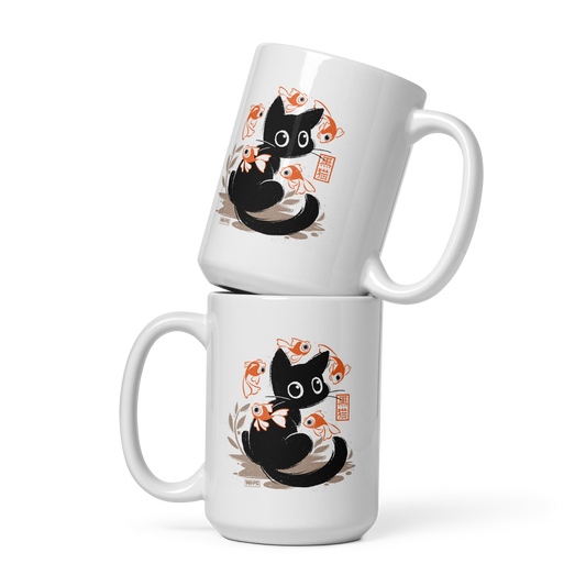 This unique design features a charming black cat amidst playful koi, rendered in beautiful Sumi-e ink style. A perfect blend of Japanese art and anime whimsy for any cat lover.