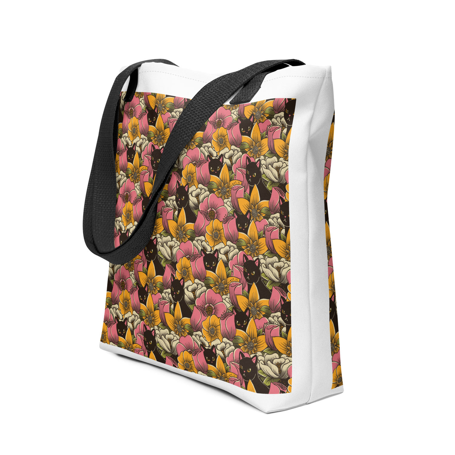 The image features a repeating pattern of colorful flowers in pink, yellow, and cream hues with lush green foliage. Interspersed among the flowers are playful black cats with bright eyes. The design has a whimsical and vibrant feel, ideal for various products like t-shirts, stickers, coffee cups, and skateboards. The style is reminiscent of traditional floral art blended with playful elements of animal decor.