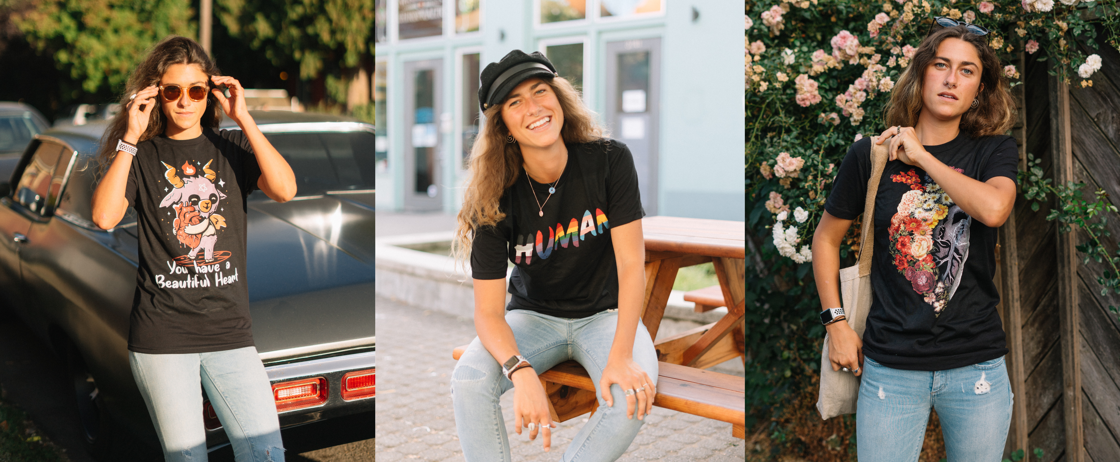 Three different images of a woman wearing a black t-shirt. For each t-shirt, three different designs are featured: 'You Have a Beautiful Heart', 'Human', and 'Flower Heart Spring'.