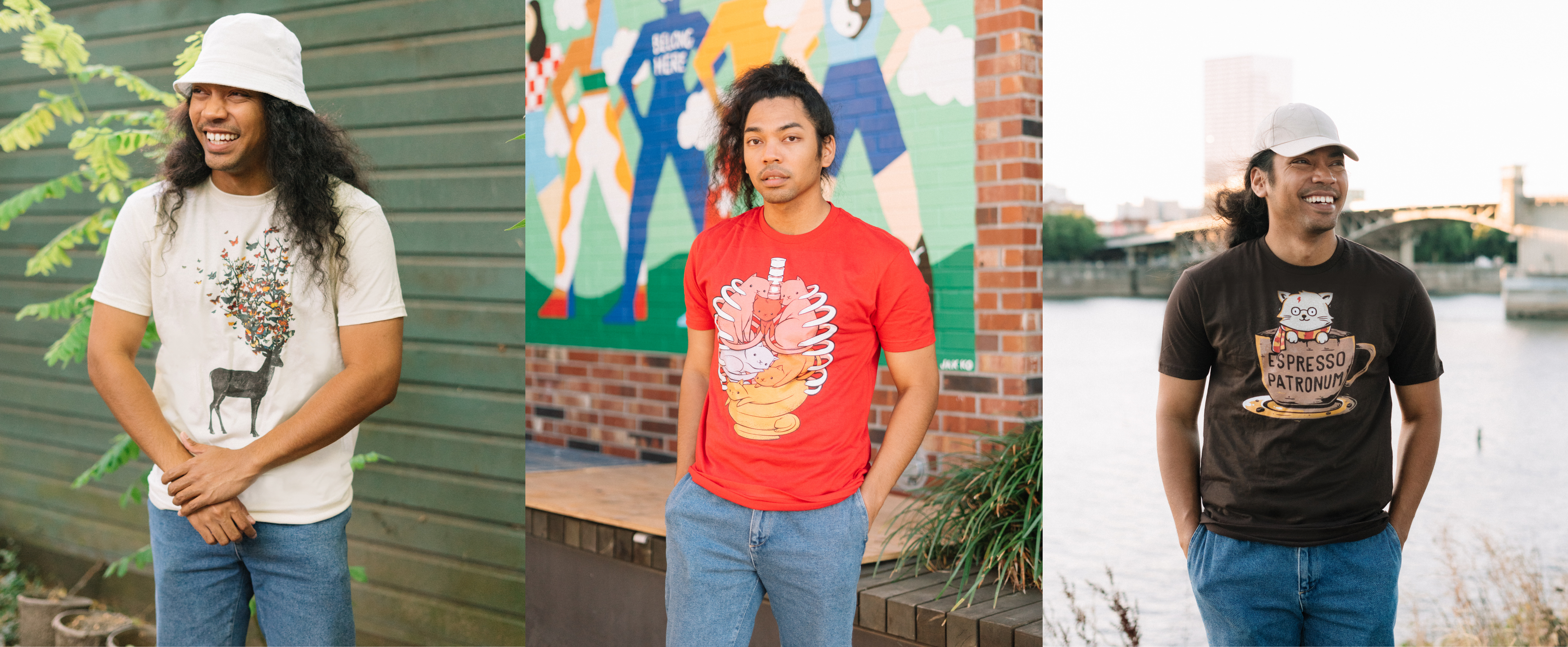 Three different images of a man wearing a black t-shirt. For each t-shirt, three different designs are featured: 'Wild Nature', 'Anatomicat', and 'Expresso Patronum'.