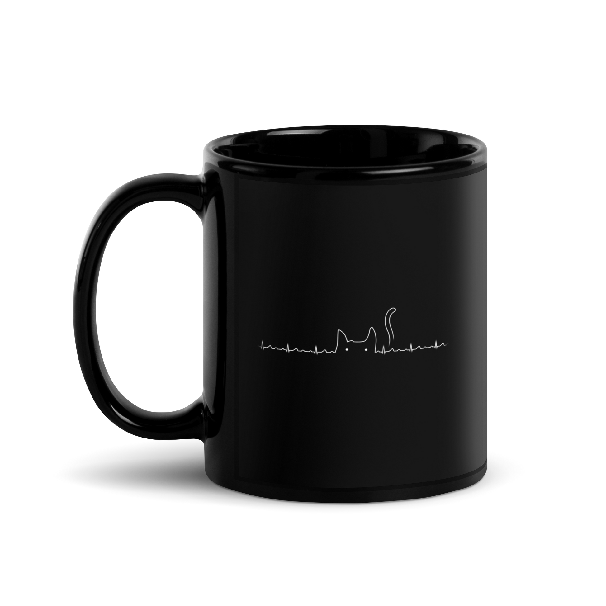 The drawing has a black background with a continuous white line depicting an electrocardiogram. Midway through, the line morphs into the minimalist outline of a cat's head with pointed ears and a tail, with two small white dots representing its eyes. The drawing creatively combines the elements of a heartbeat line and a simple cat illustration.