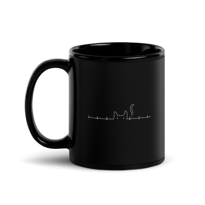 The drawing has a black background with a continuous white line depicting an electrocardiogram. Midway through, the line morphs into the minimalist outline of a cat's head with pointed ears and a tail, with two small white dots representing its eyes. The drawing creatively combines the elements of a heartbeat line and a simple cat illustration.