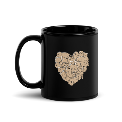 The image showcases an anatomical heart shape filled with numerous small, simple, and cute cartoon-like cat illustrations in a light brown tone. The overall style is whimsical and playful, combining elements of illustration and pop culture art.