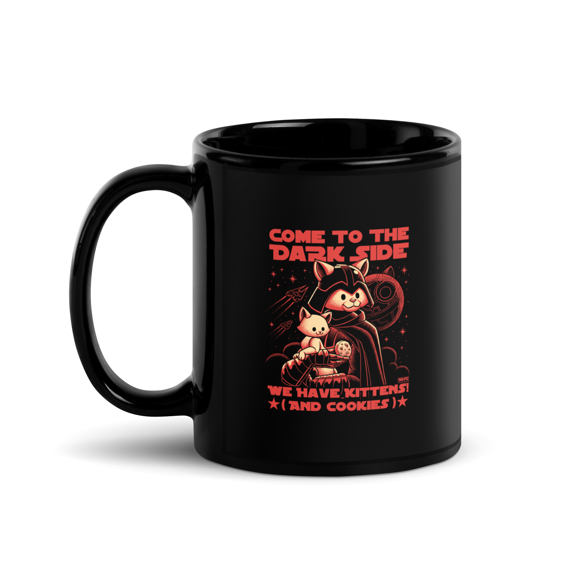 This fun and nerdy design, encircled by the phrase 'COME TO THE DARK SIDE, WE  HAVE KITTENS AND COOKIES', features a feline twist on sci-fi villains, perfect for cat lovers, space fans, and cookie enthusiasts.