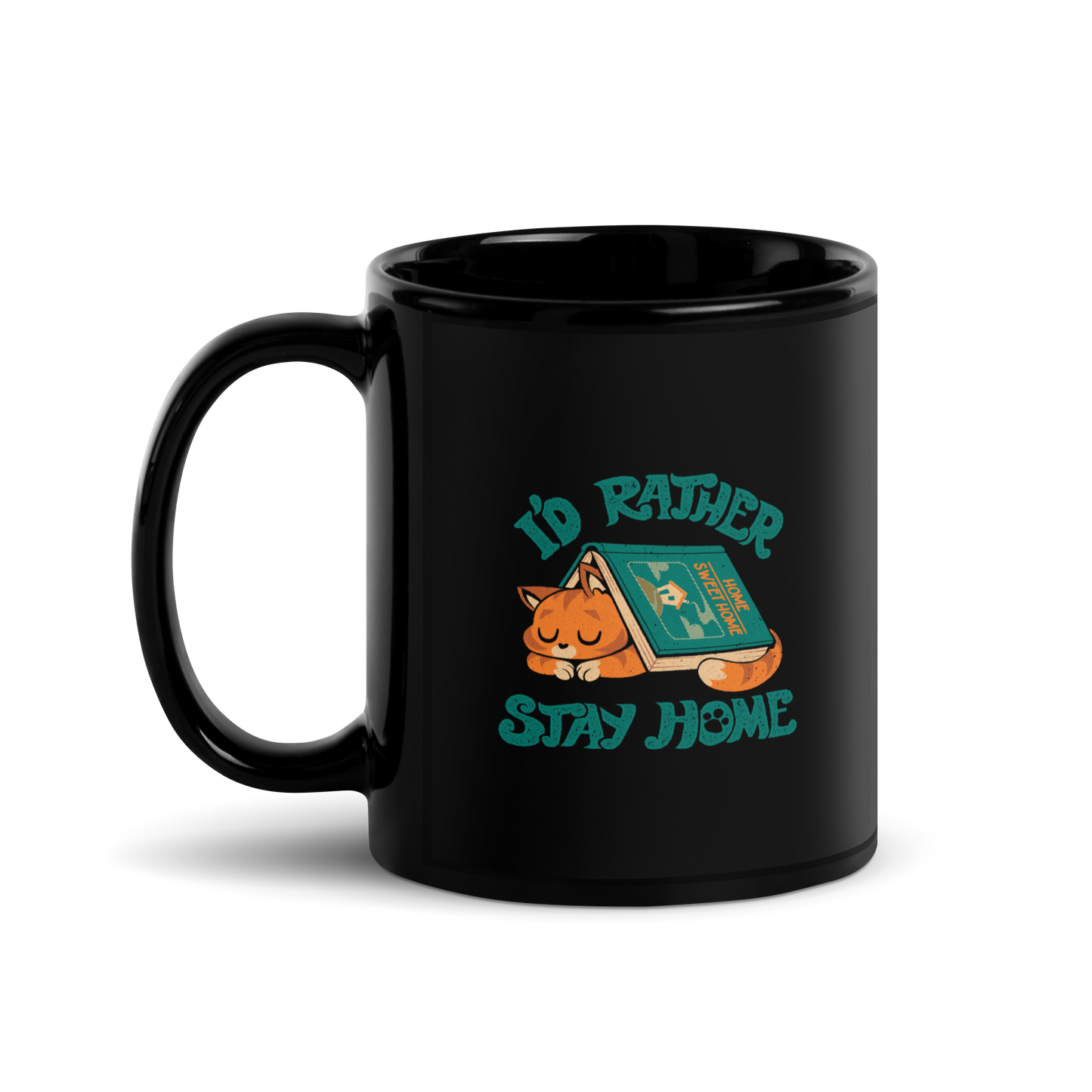 Sleeping orange cat under a book labeled 'Home Sweet Home' with the motto 'I'D RATHER STAY HOME'.