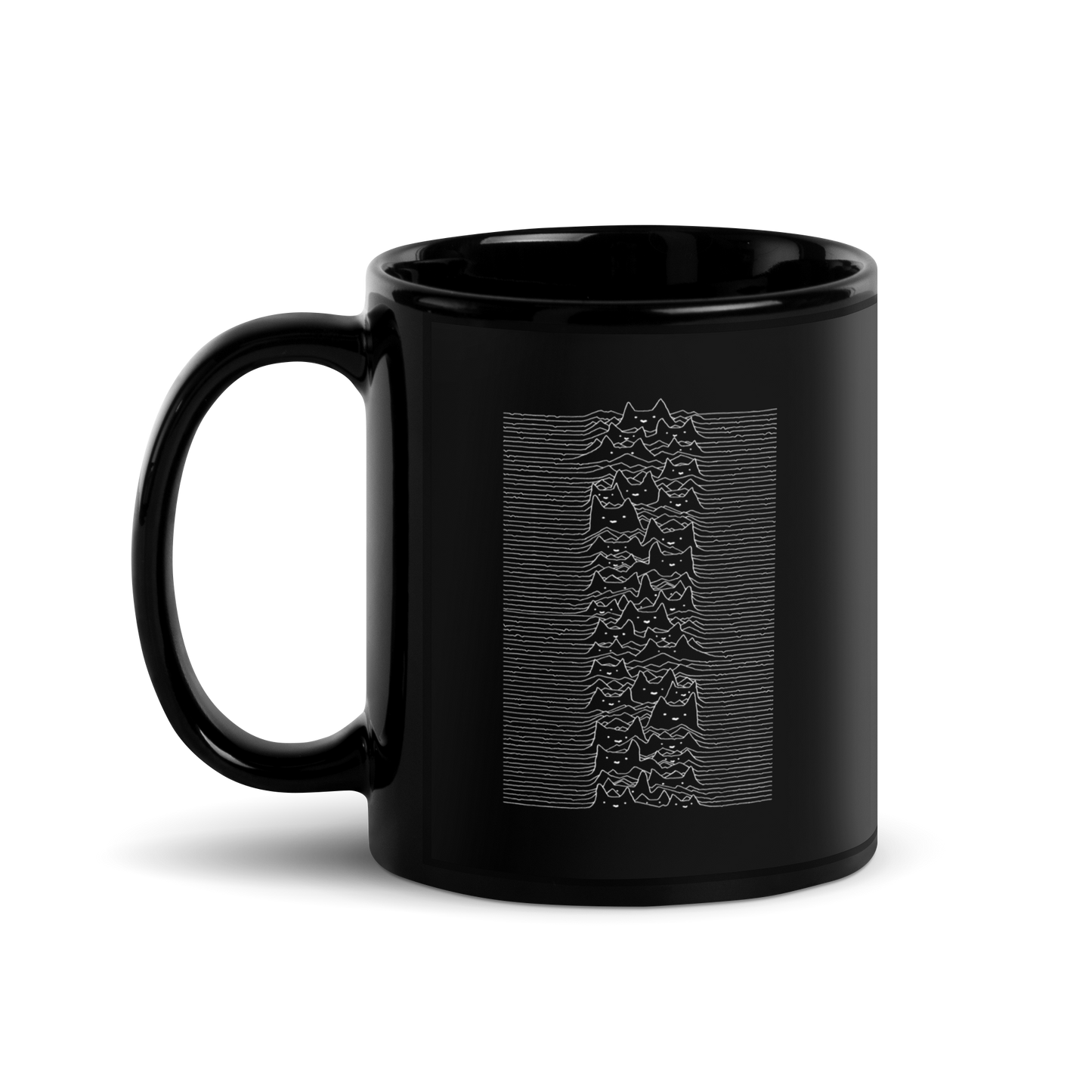 The drawing is a series of continuous wavy lines forming a pattern reminiscent of sound waves or topographic maps, but with an unexpected twist: the lines create the shapes of numerous cat faces stacked vertically. Each cat has simple, expressive features with pointed ears, adding a whimsical element to the otherwise structured pattern.