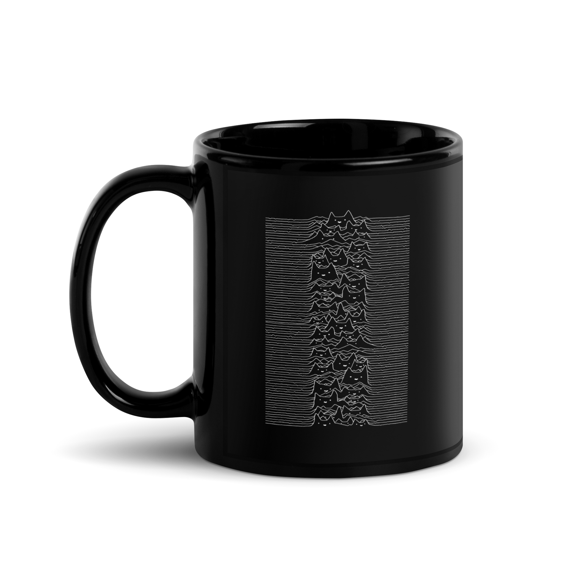 The drawing is a series of continuous wavy lines forming a pattern reminiscent of sound waves or topographic maps, but with an unexpected twist: the lines create the shapes of numerous cat faces stacked vertically. Each cat has simple, expressive features with pointed ears, adding a whimsical element to the otherwise structured pattern.