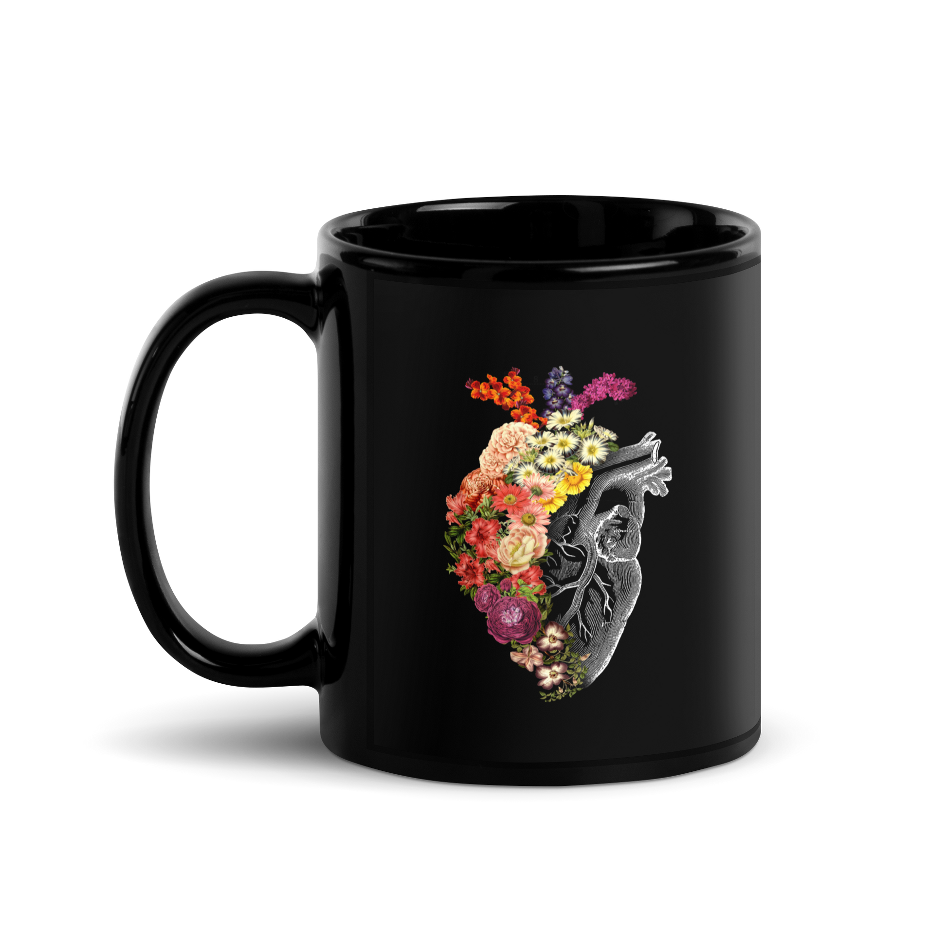 The design is an intricate and anatomical drawing of a human heart on a black background. The left side of the heart morphs into a vibrant assortment of colorful flowers, including roses, daisies, and other blooming blossoms, creating a striking contrast between the realistic and the surreal, symbolizing the harmony between nature and humanity.