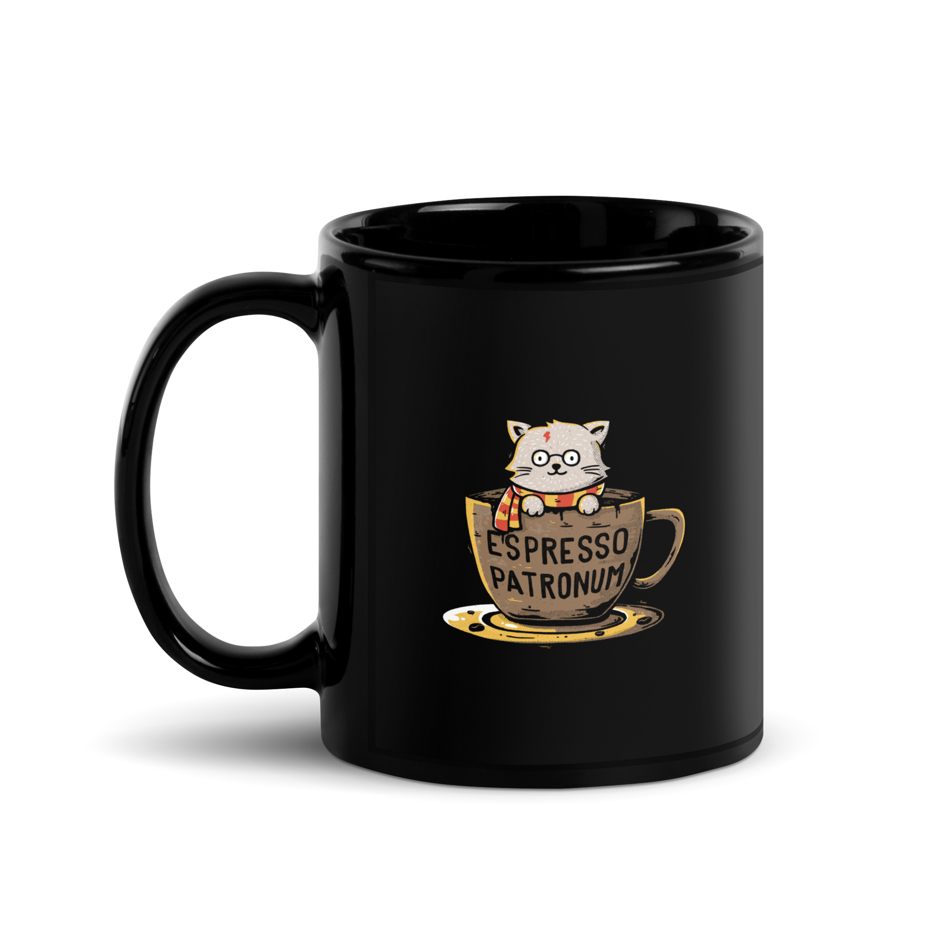 This design features an adorable cartoon cat with glasses and a lightning-shaped scar, wearing a striped scarf, sitting inside a large coffee cup. The cup has the humorous phrase 'Espresso Patronum' printed on it. The overall style is whimsical and playful, blending cute and nerdy elements. The cat appears to be a parody of a popular fictional character associated with magic and wizardry.