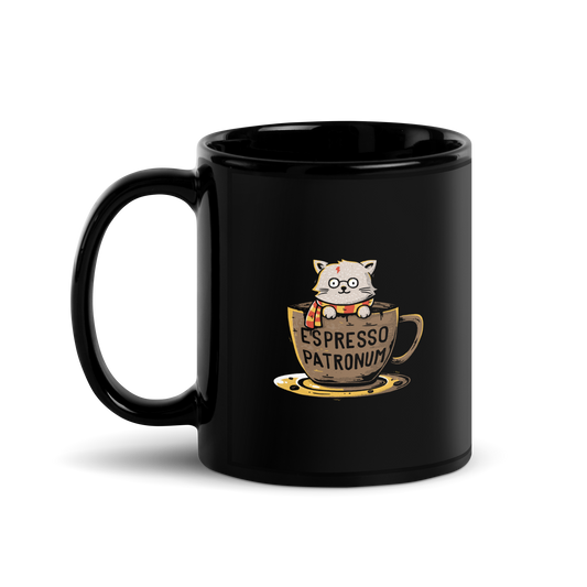 This design features an adorable cartoon cat with glasses and a lightning-shaped scar, wearing a striped scarf, sitting inside a large coffee cup. The cup has the humorous phrase 'Espresso Patronum' printed on it. The overall style is whimsical and playful, blending cute and nerdy elements. The cat appears to be a parody of a popular fictional character associated with magic and wizardry.