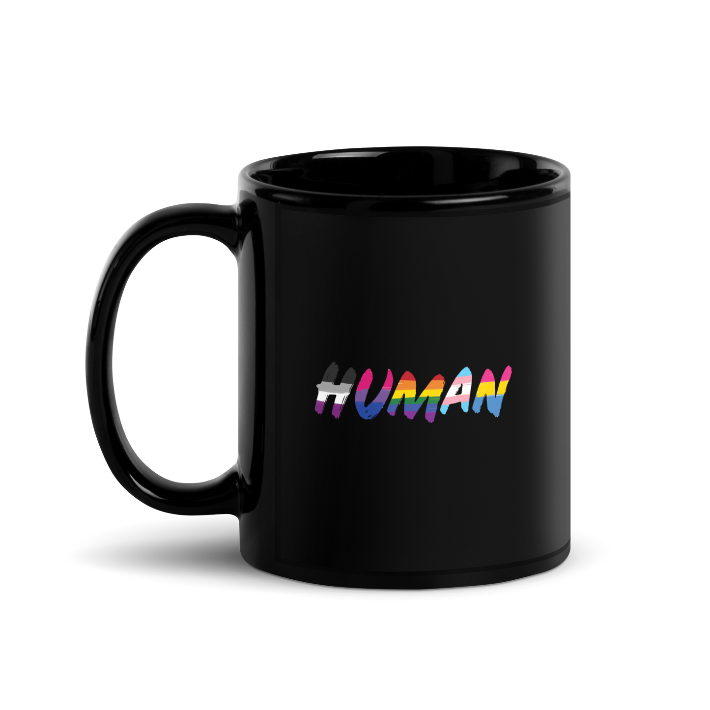 The image displays the word 'HUMAN' in bold, capitalized letters filled with colorful pride flag patterns. The colors within the letters represent different LGBTQ+ pride flags, symbolizing inclusivity and diversity. The background is solid black, which makes the colorful patterns stand out more vibrantly.