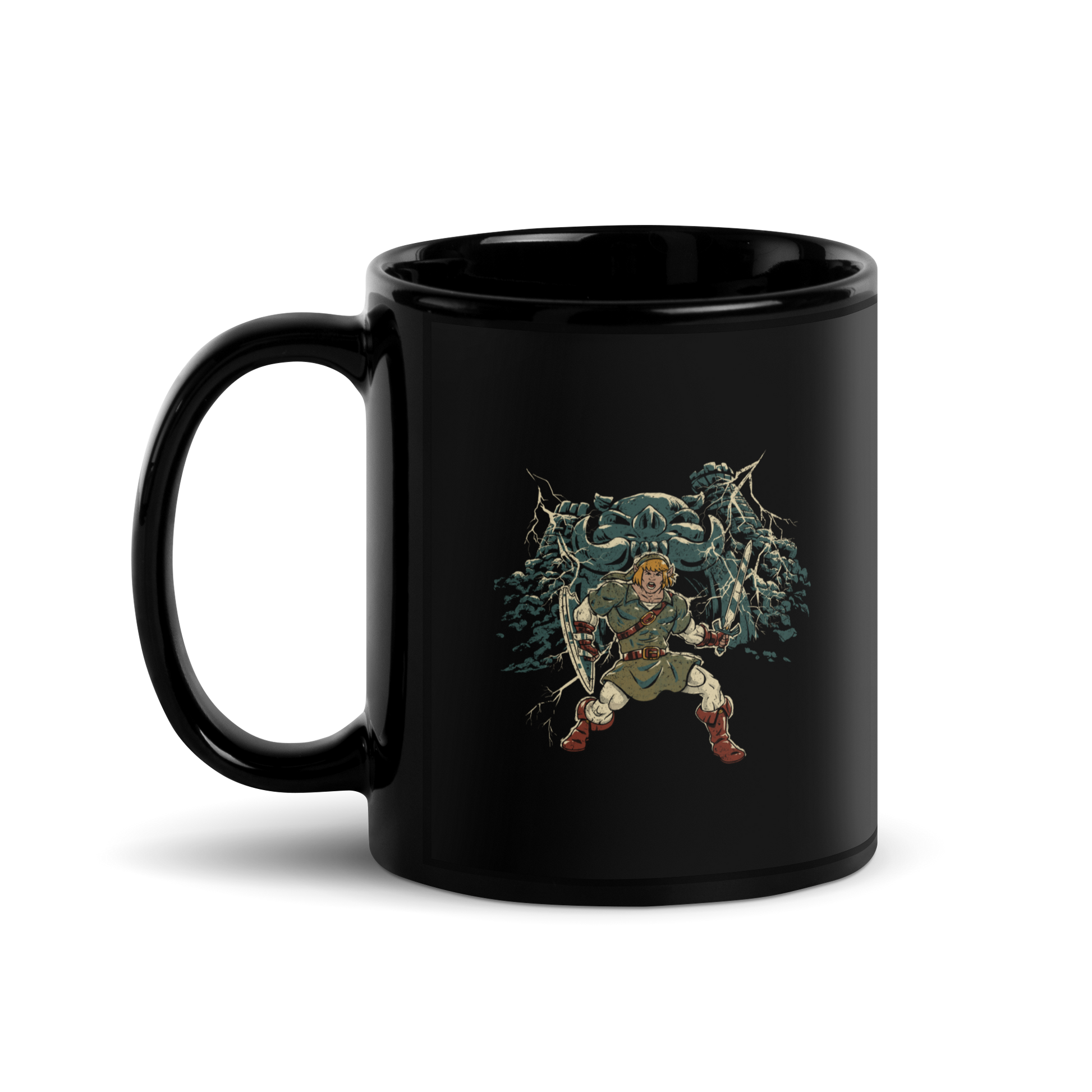 A fierce warrior stands with sword and shield, lightning cracking behind him as he screams in defiance — mixing classic fantasy aesthetics with retro game frustration.