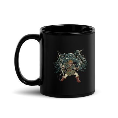 A fierce warrior stands with sword and shield, lightning cracking behind him as he screams in defiance — mixing classic fantasy aesthetics with retro game frustration.