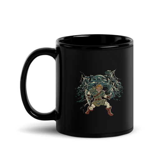 A fierce warrior stands with sword and shield, lightning cracking behind him as he screams in defiance — mixing classic fantasy aesthetics with retro game frustration.