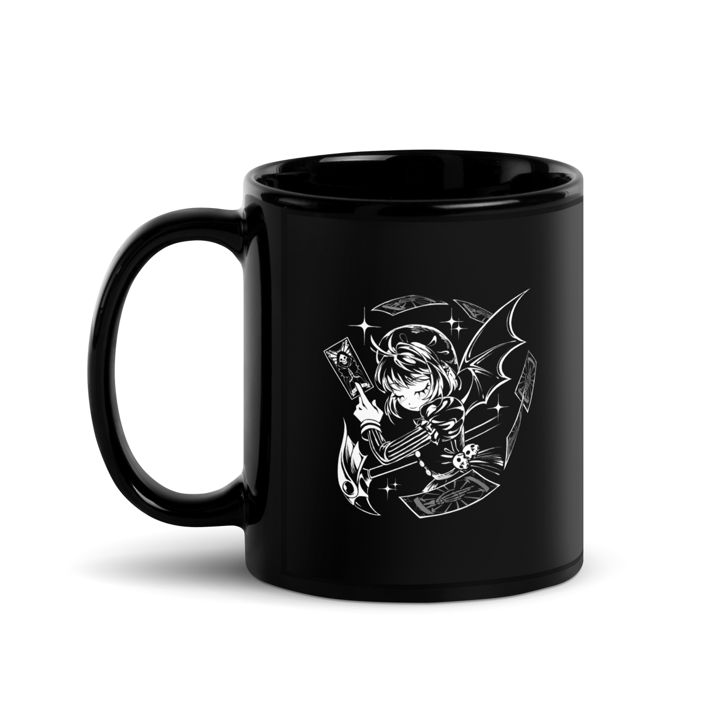 Black-and-white illustration of a gothic anime-style girl with bat wings, holding a magical card while floating cards swirl around her, along with sparkles and a stylized scepter.