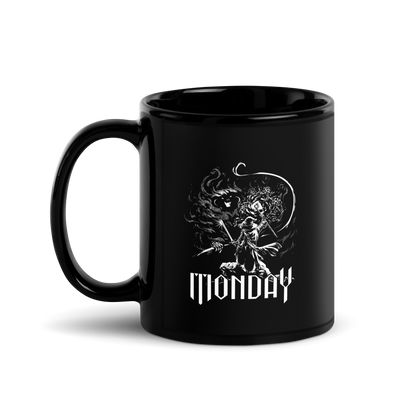 A white fantasy-style illustration showing a wizard standing on a rock, wielding a staff and sword, casting a spell toward a swirling dark, smoky monster with glowing eyes and mouth. The word “MONDAY” appears in large, bold, gothic letters at the bottom, symbolizing the wizard battling the chaos of Monday.