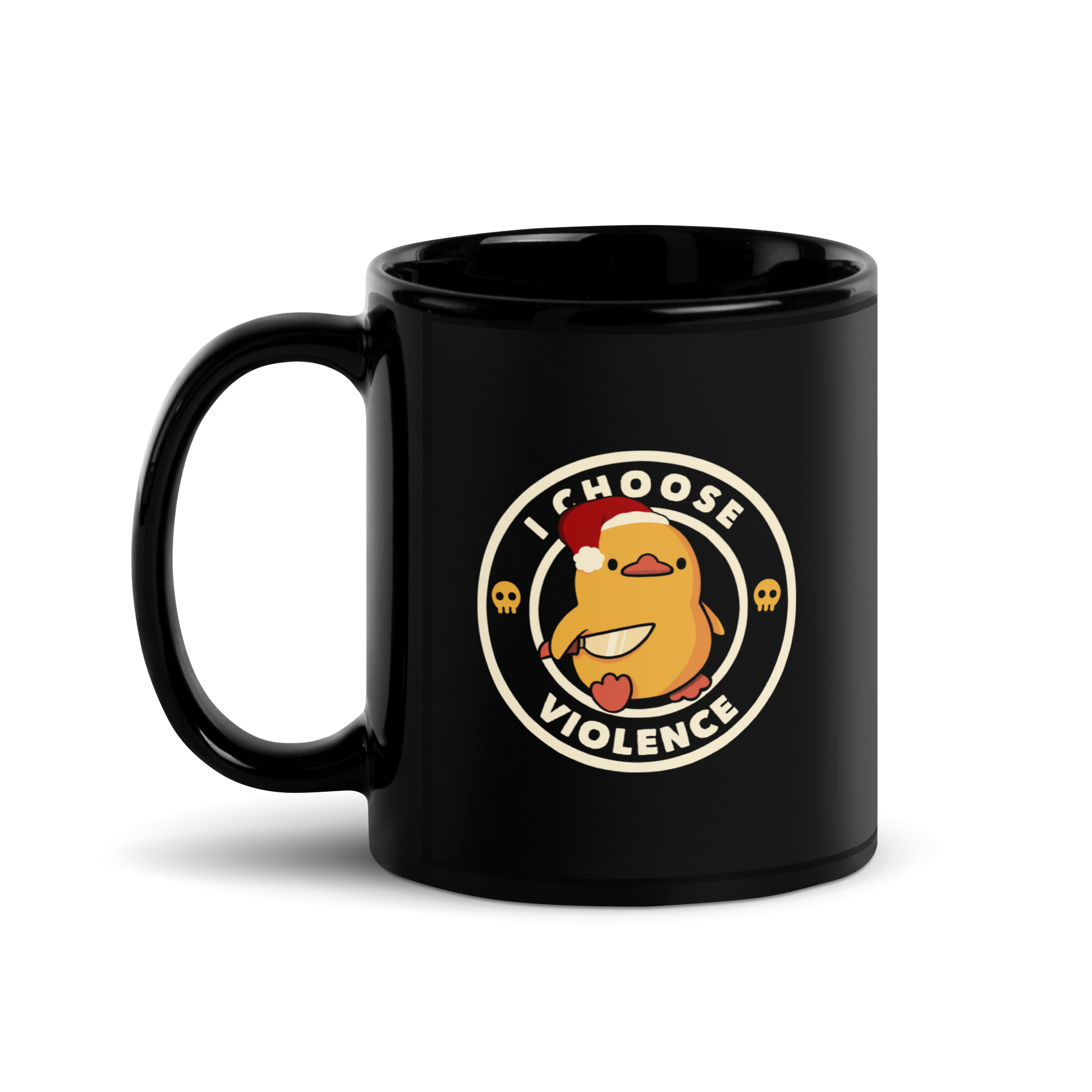 The image depicts a cute, cartoon-style yellow duckling wearing a Santa hat, holding a knife. It is encircled by the phrase 'I CHOOSE VIOLENCE' with small skull icons on either side of the ring. The overall tone is humorous and ironic, combining the traditionally non-violent image of a duckling with the aggressive message. The style is playful, with a mix of Christmas elements and dark humor.