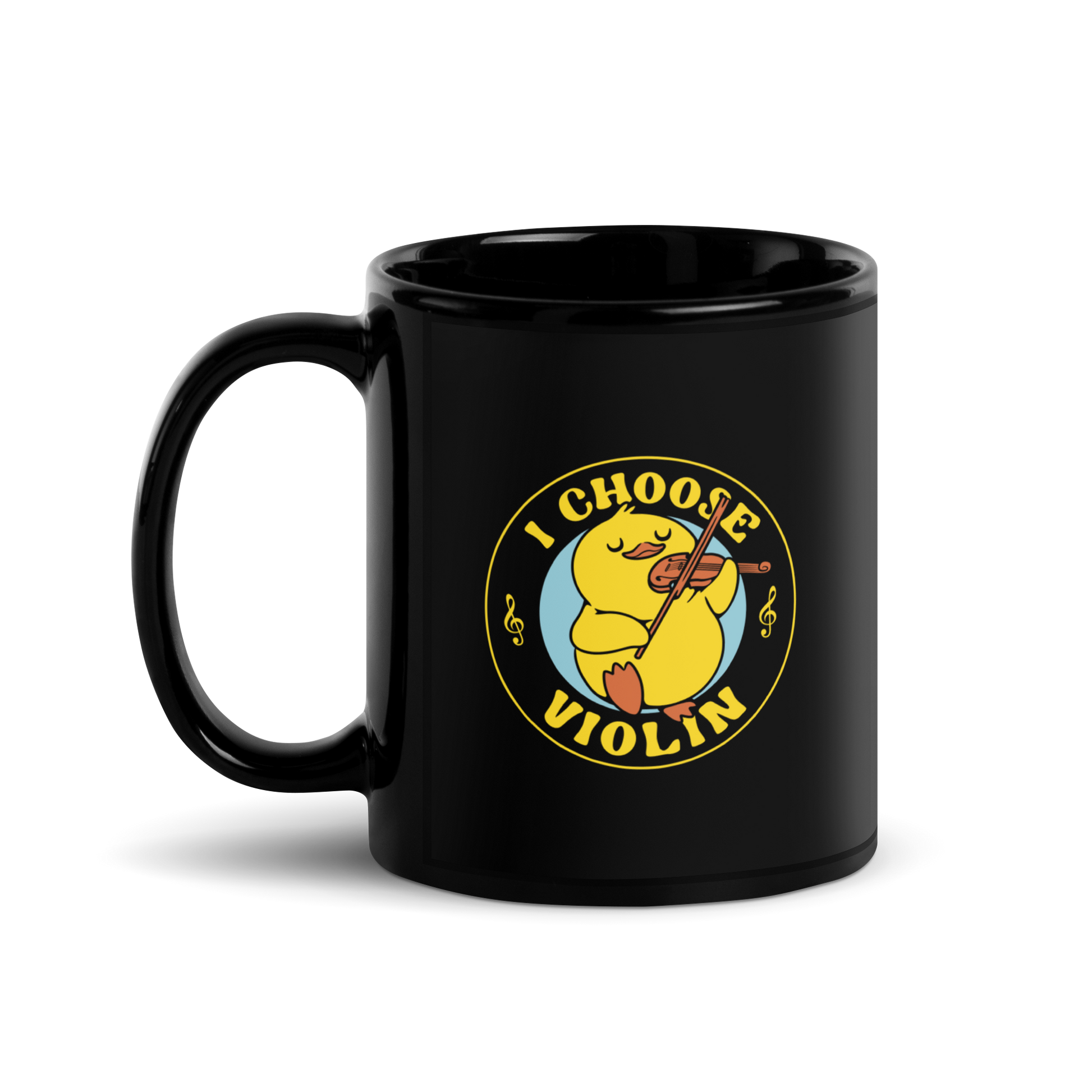 The design features a cute yellow duckling playing a violin with eyes closed in bliss. It is encircled by the phrase 'I Choose Violin' with musical notes on either side. The style is playful and cartoony, giving a warm, humorous vibe.