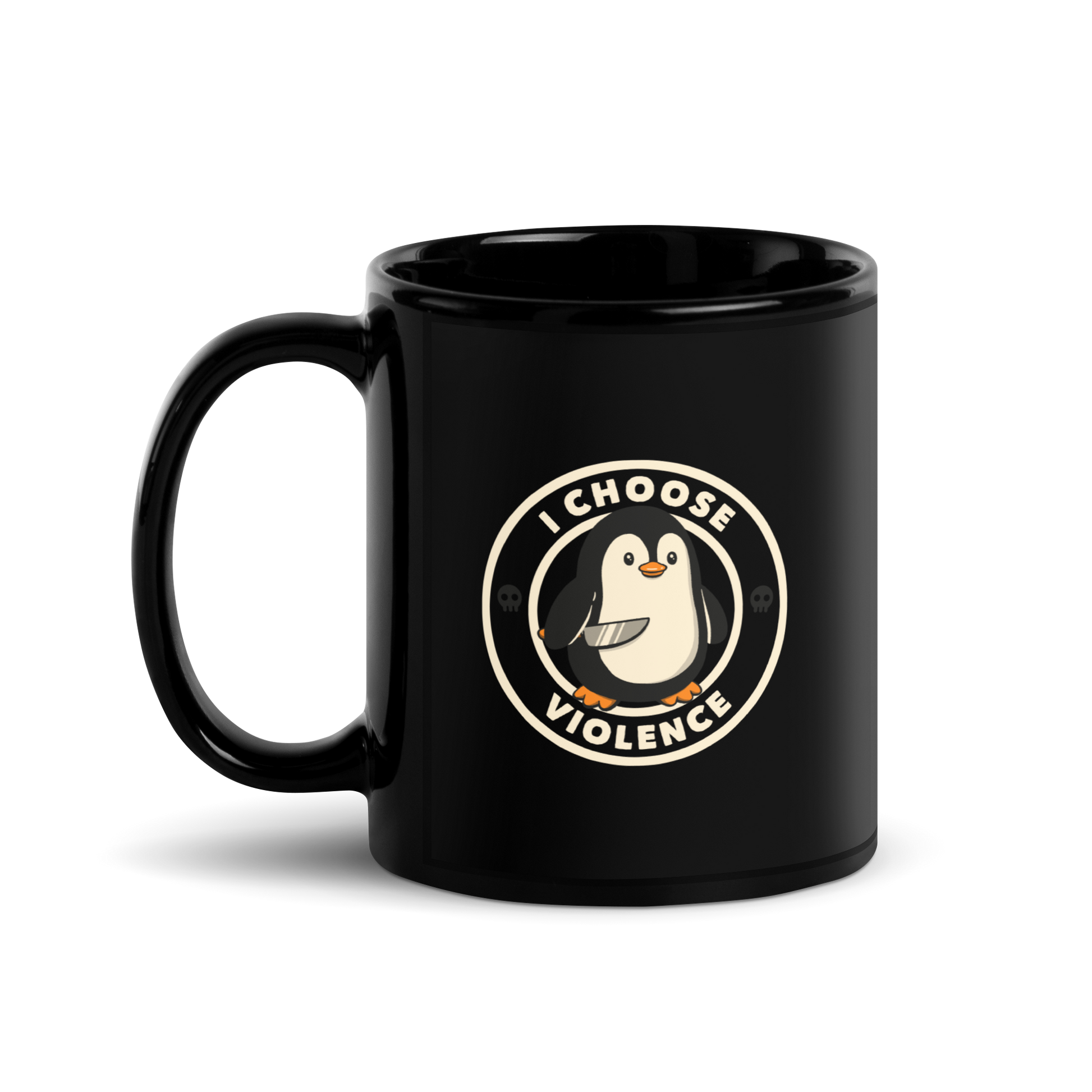 A cute cartoon penguin holding a knife stands in the center of a circular emblem. Surrounding the penguin are the words 'I CHOOSE VIOLENCE' with two small skull icons on both sides. The design is playful yet ironic, blending adorableness with a hint of dark humor.