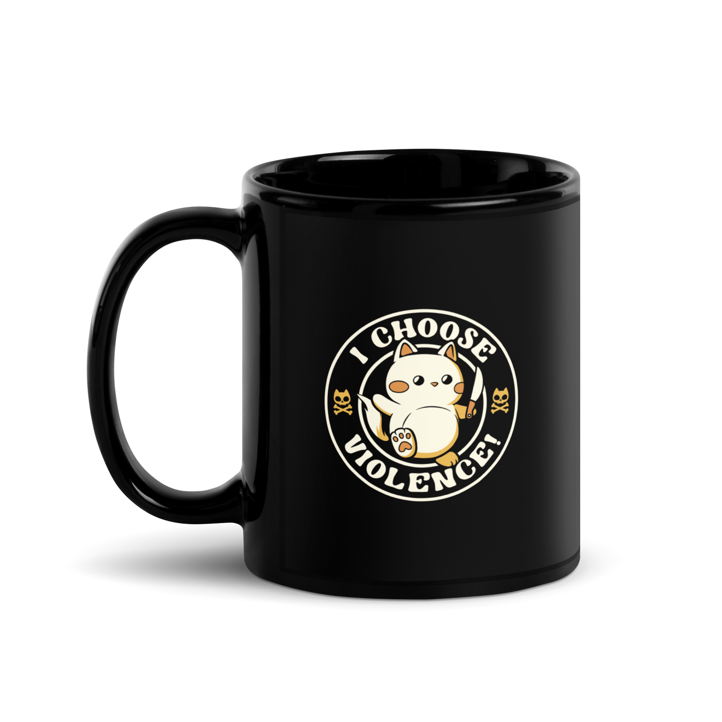 The image features a cute, cartoon-style cat holding a knife in one hand, while standing with an assertive expression. The phrase 'I CHOOSE VIOLENCE!' surrounds the cat in a circular layout. Two small cat skull and crossbones illustrations flank either side of the cat. The design combines elements of cuteness and aggression, creating a humorous and ironic vibe.