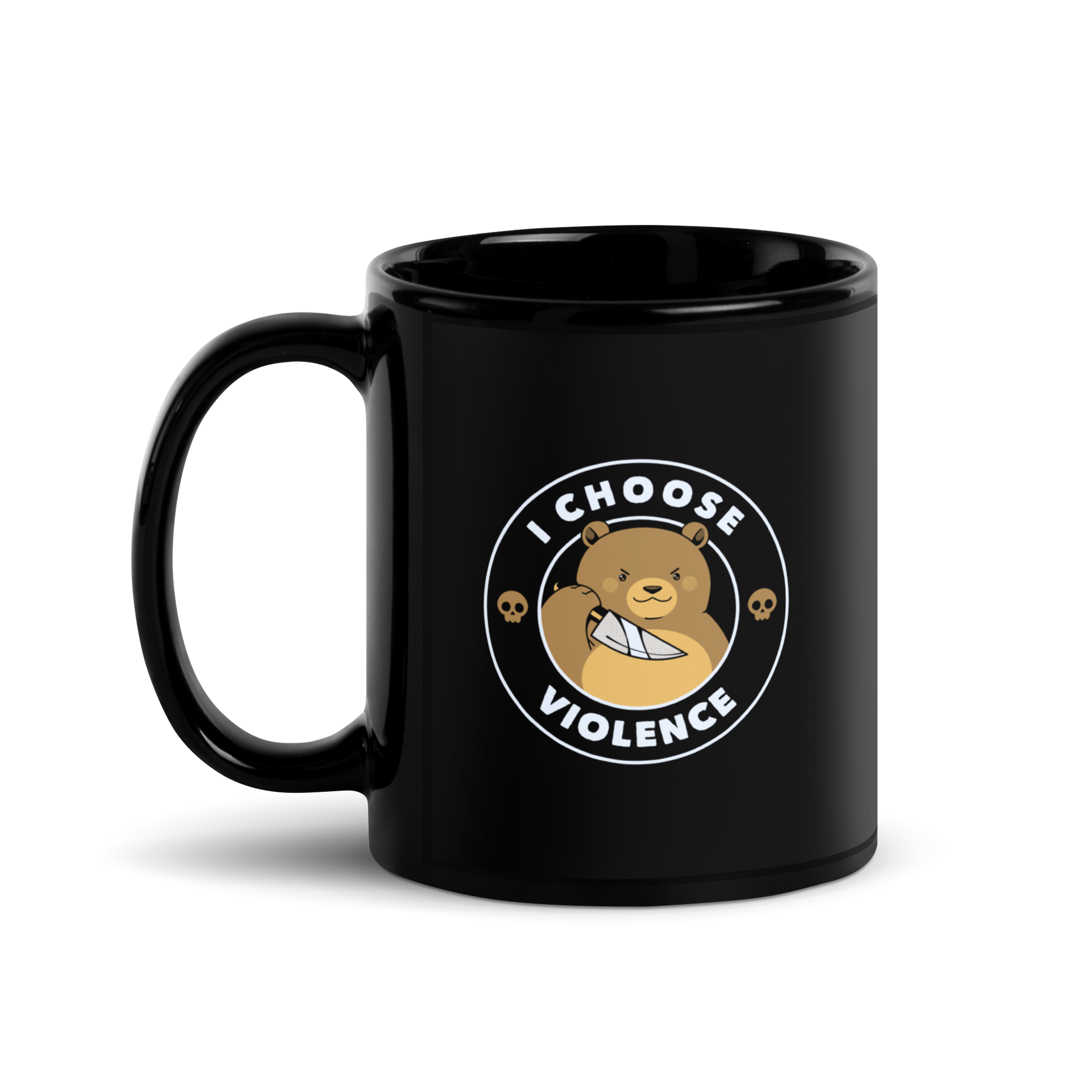 A cartoon-style image features a cute, determined-looking teddy bear holding a knife, with an expression of mischief. The bear is surrounded by the bold text 'I CHOOSE VIOLENCE' and accompanied by small skull icons on either side, adding a humorous and ironic twist to the design.