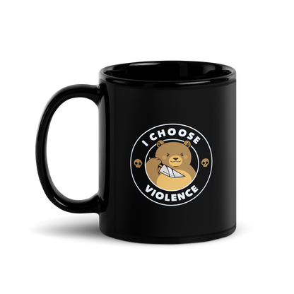 A cartoon-style image features a cute, determined-looking teddy bear holding a knife, with an expression of mischief. The bear is surrounded by the bold text 'I CHOOSE VIOLENCE' and accompanied by small skull icons on either side, adding a humorous and ironic twist to the design.