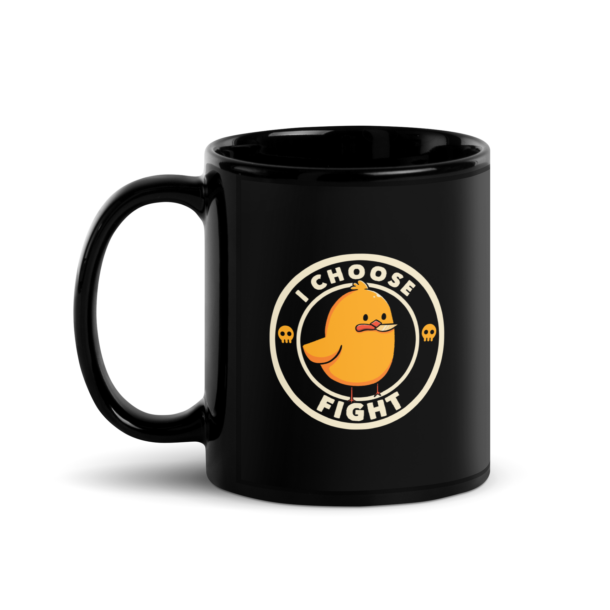 A cute, cartoonish yellow chick stands confidently with a determined look, holding a small knife in its beak. The text 'I CHOOSE FIGHT' encircles the chick, and two small skulls flank the image, adding a humorous, rebellious touch.