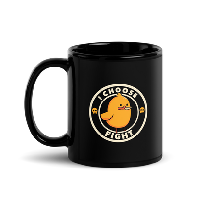 A cute, cartoonish yellow chick stands confidently with a determined look, holding a small knife in its beak. The text 'I CHOOSE FIGHT' encircles the chick, and two small skulls flank the image, adding a humorous, rebellious touch.